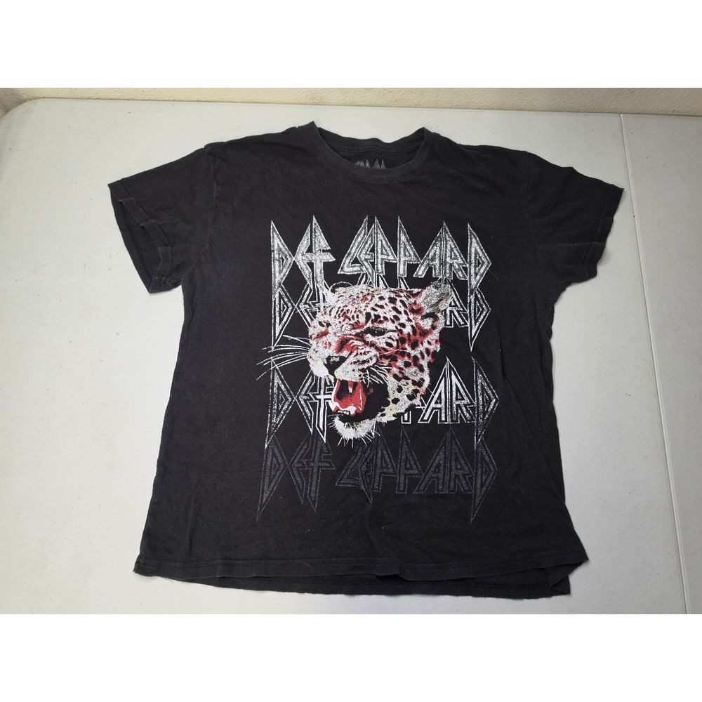 Def Leppard Leopard Graphic T-Shirt Black Cotton Band Tee Womens Large
